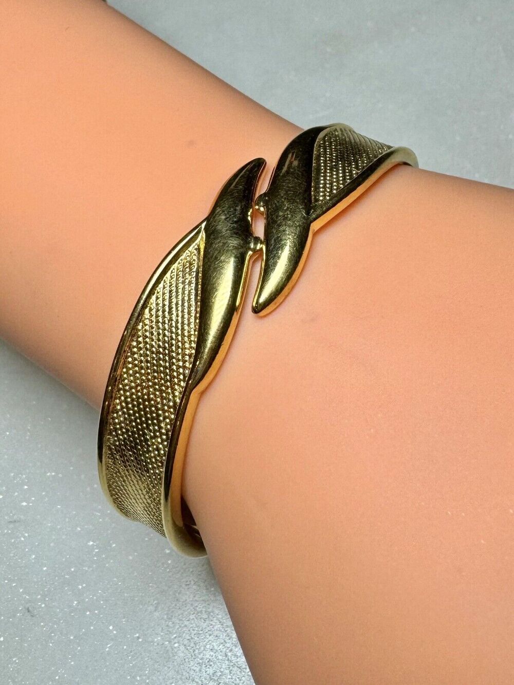 Monet Gold tone Vintage Signed Hinge Cuff Bracelet Bangle